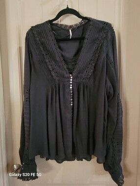 Free People Women's Dark Gray Lace-Trim Button Front Blouse